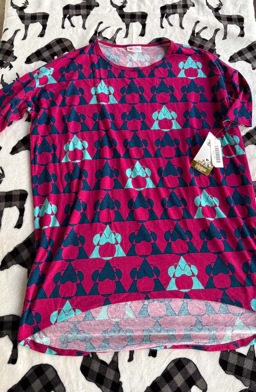 LuLaRoe Disney Irma Oversized Tunic Top Minnie Mouse Pink Teal XS NWT